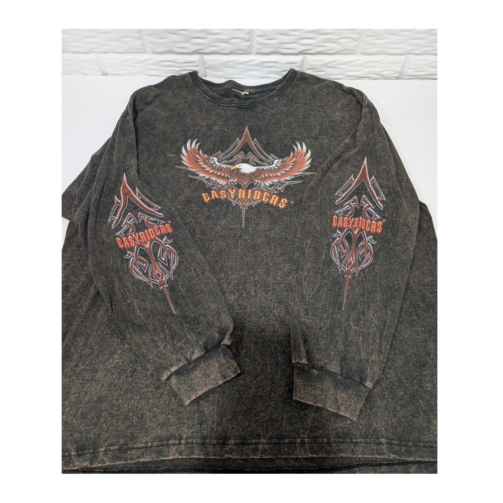 Easyriders Biker Graphic Long Sleeve Shirt Mens 2XL Acid Wash Eagle Tribal Black